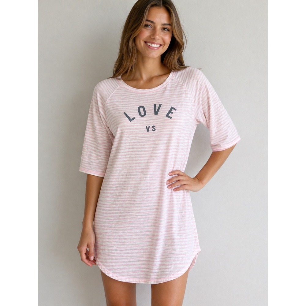 VICTORIA'S SECRET Sleep Shirt Medium Pink White Striped Love VS Raglan Sleeve